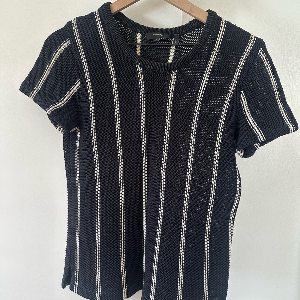 Theory 100% Cotton Black and White Striped Women's Top